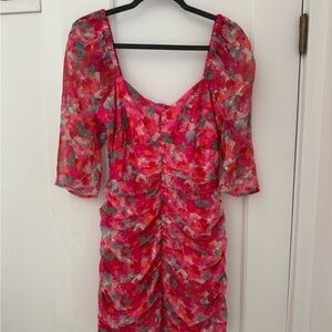 Adelyn Rae Pink Multi-Color Floral Ruched V-Neck Midi Dress